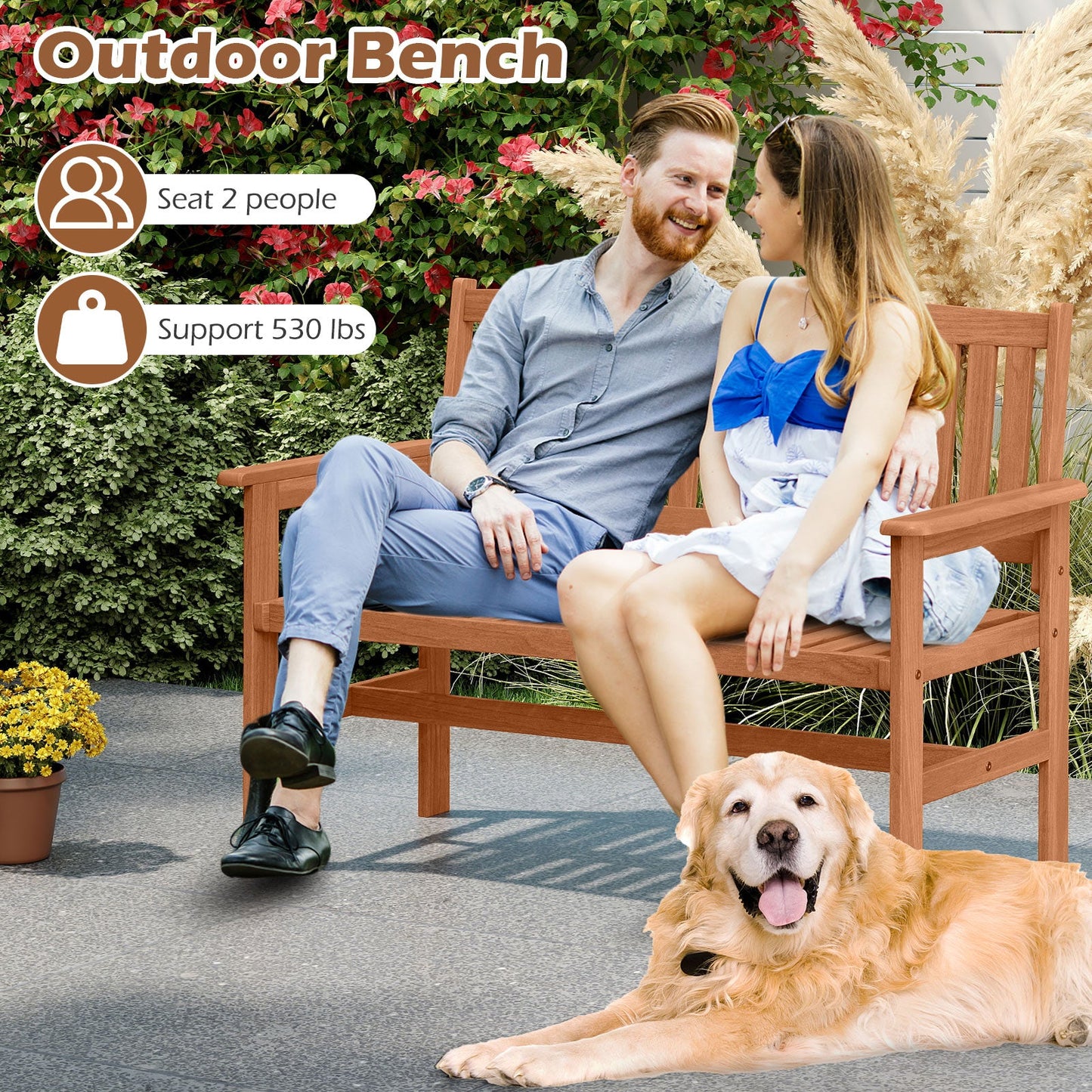 2-Person Patio Loveseat with Slatted Backrest and Comfortable Armrests