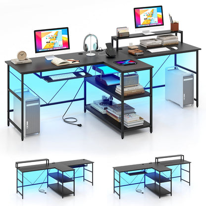 Escritorio de oficina largo reversible para 2 personas con luces LED - Blanco