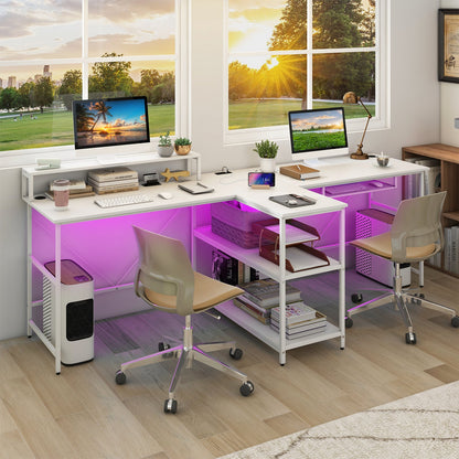 Escritorio de oficina largo reversible para 2 personas con luces LED - Blanco