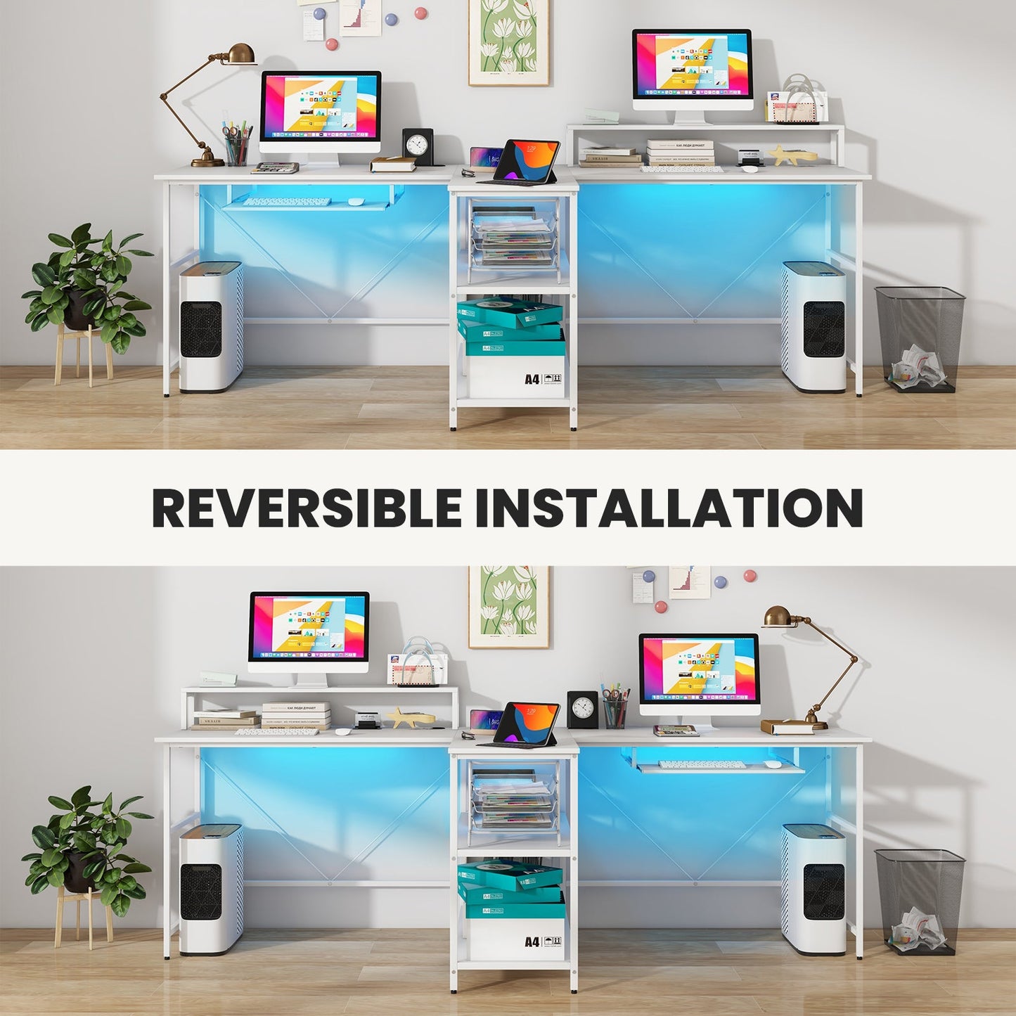 Escritorio de oficina largo reversible para 2 personas con luces LED - Blanco