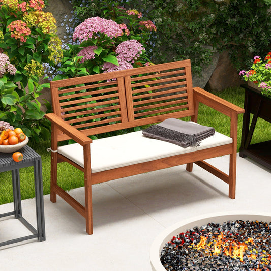 2-Person Solid Wood Patio Bench with Backrest and Cushion - Tampa Home & Garden Store