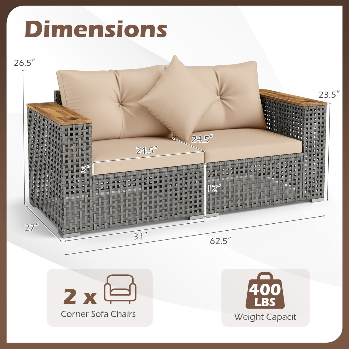 2-Piece Patio Corner Sofa Set in gray wicker with wood arms and beige cushions, 2 chairs on Tampa Home & Garden Store