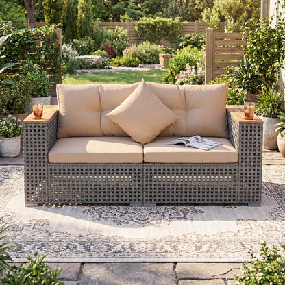 2-Piece patio corner sofa set with thick beige cushions, gray wicker frame on outdoor patio on Tampa Home & Garden Store