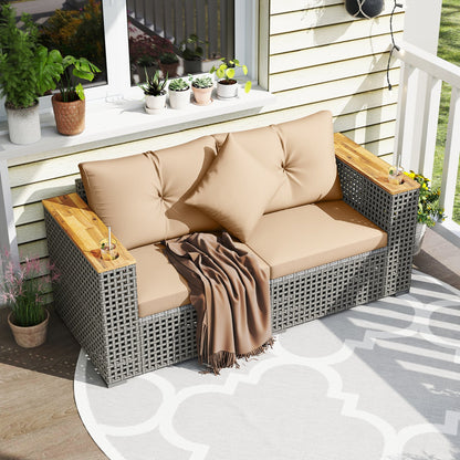 DirectDeals 2-Piece Patio Corner Sofa Set with Thick Cushions, tan cushions, gray wicker on Tampa Home & Garden Store