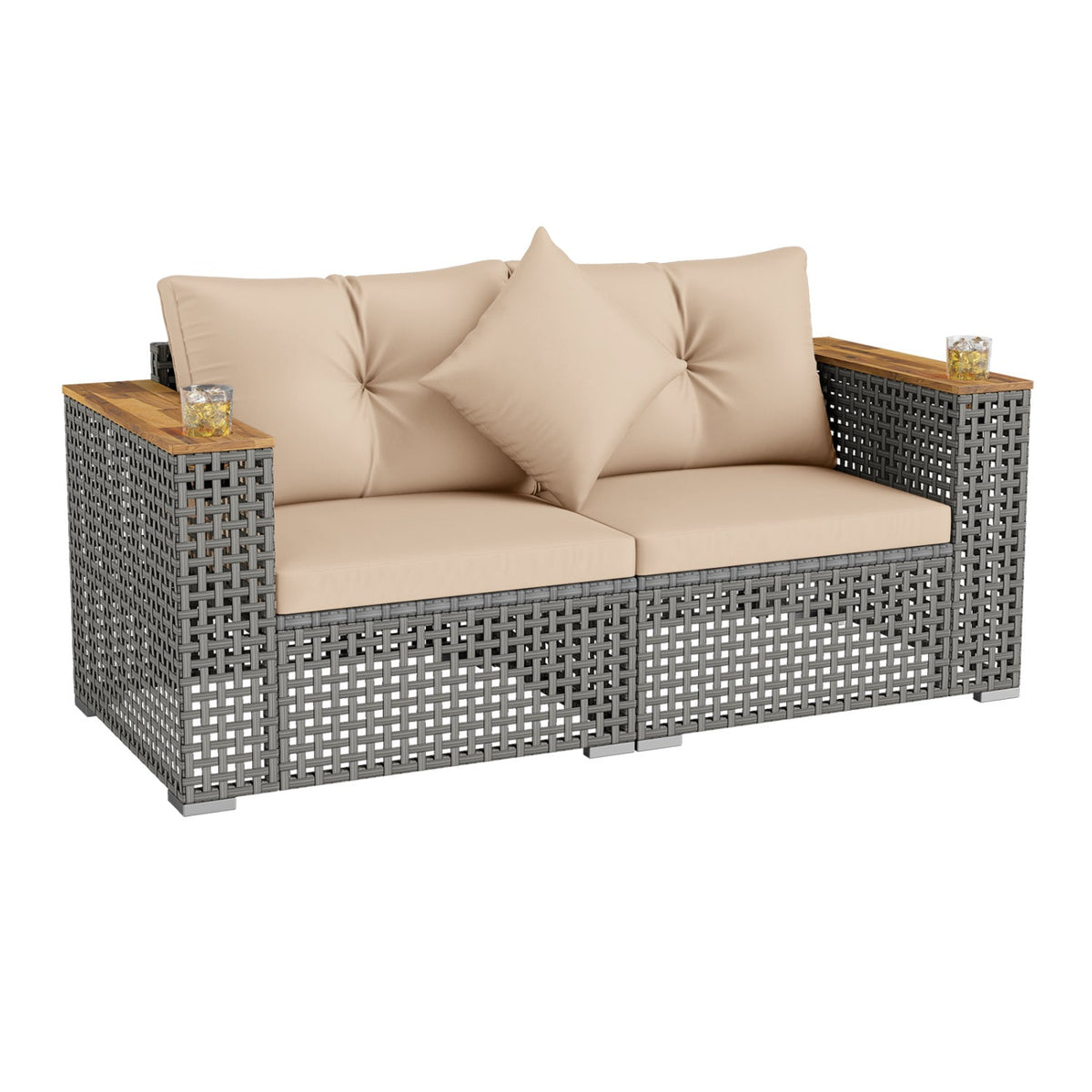 2-Piece Patio Corner Sofa Set with Thick Cushions by DirectDeals, gray wicker frame, beige cushions, wooden armrest tops on Tampa Home & Garden Store