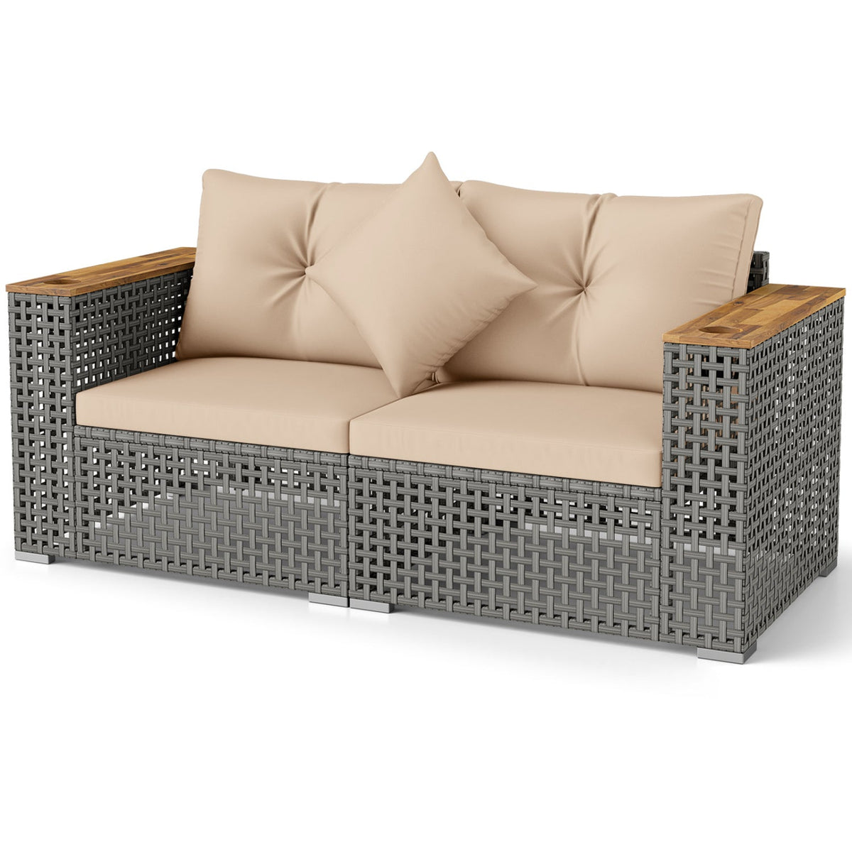 2-Piece patio corner sofa set with thick beige cushions, grey wicker frame DirectDeals on Tampa Home & Garden Store