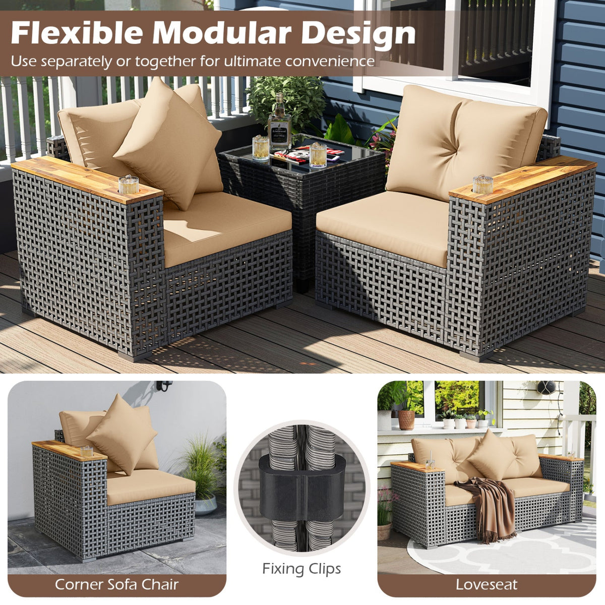 2-Piece patio corner sofa set with thick tan cushions in dark wicker, glass-top coffee table DirectDeals on Tampa Home & Garden Store