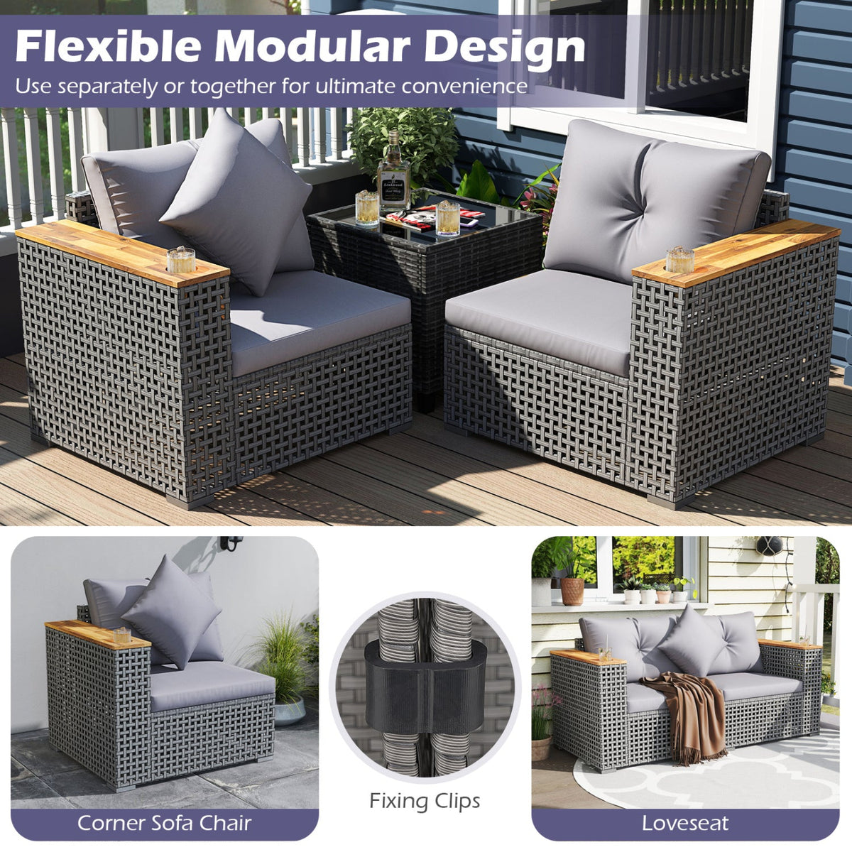 DirectDeals 2-Piece Patio Corner Sofa Set with Thick Cushions in gray, dark wicker on Tampa Home & Garden Store