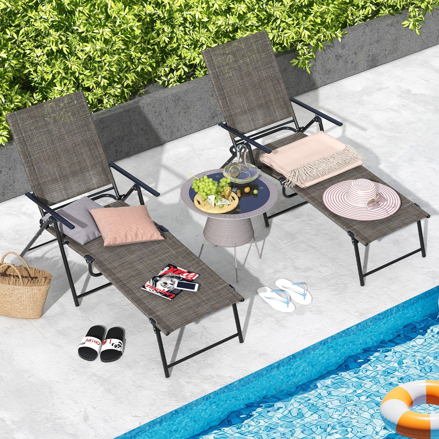 Sillones plegables de patio de 2 piezas, reclinables con respaldo de 6 niveles - Café