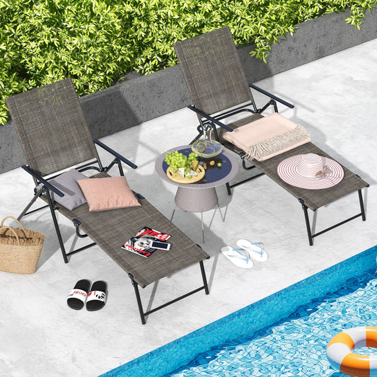 2 Piece Patio Folding Chaise Lounge Chairs Recliner with 6-Level Backrest-Coffee - Tampa Home & Garden Store