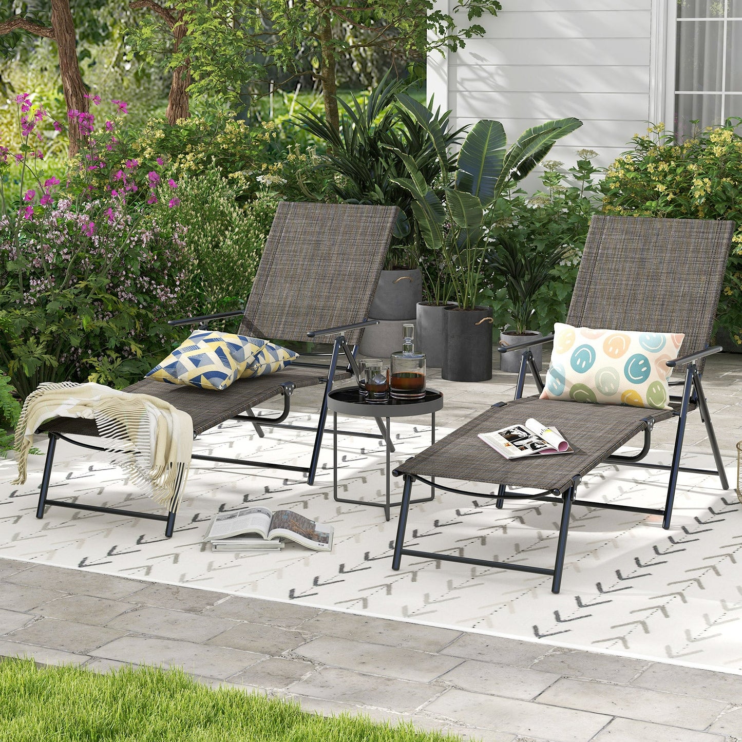 Sillones plegables de patio de 2 piezas, reclinables con respaldo de 6 niveles - Café
