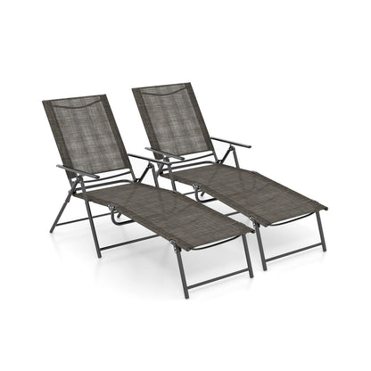 Sillones plegables de patio de 2 piezas, reclinables con respaldo de 6 niveles - Café