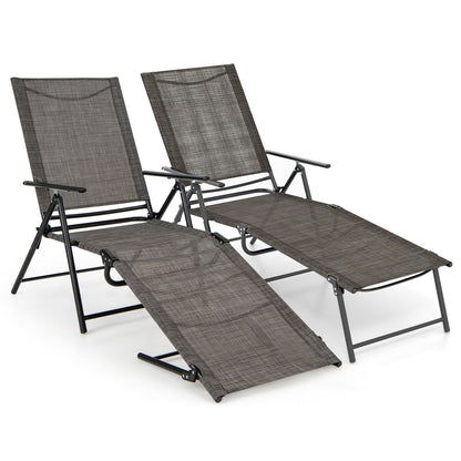 Sillones plegables de patio de 2 piezas, reclinables con respaldo de 6 niveles - Café