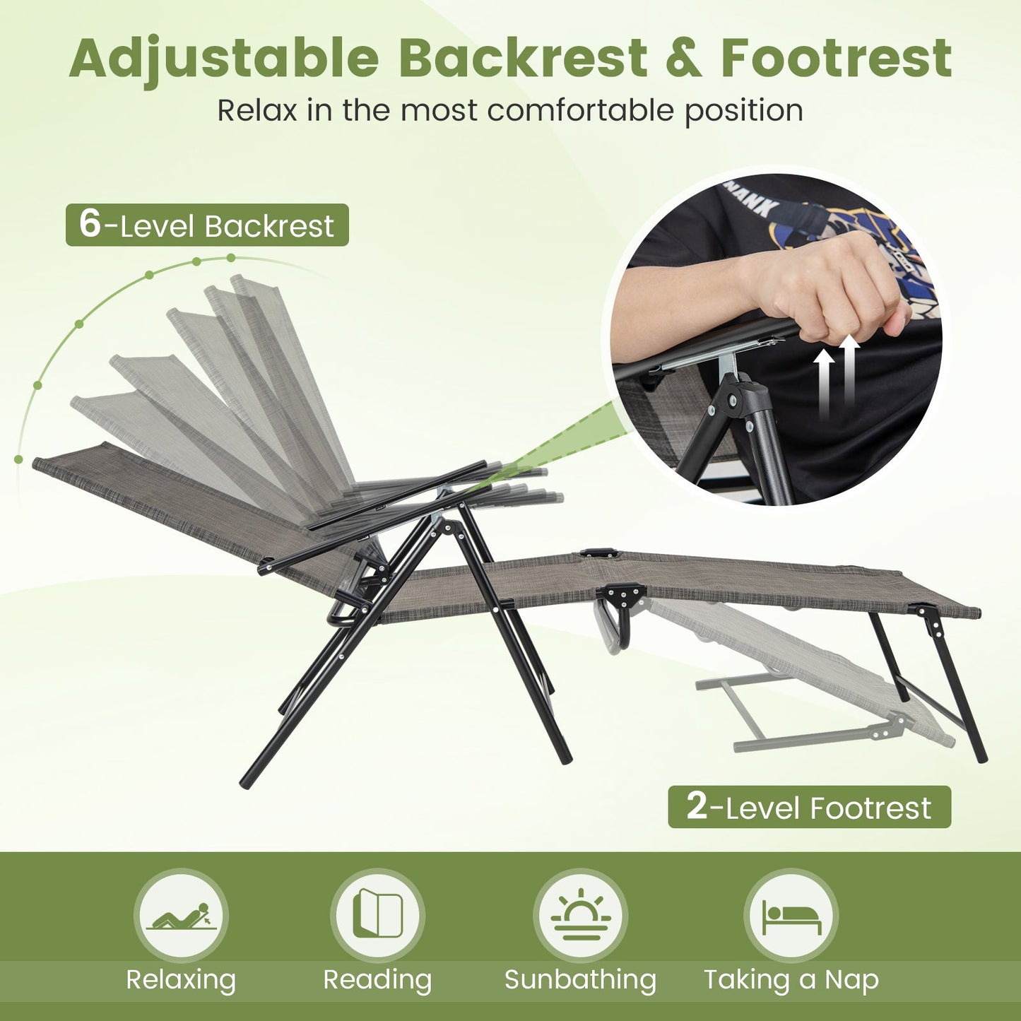 Sillones plegables de patio de 2 piezas, reclinables con respaldo de 6 niveles - Café