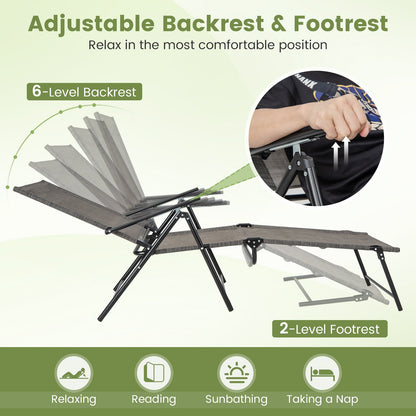 Sillones plegables de patio de 2 piezas, reclinables con respaldo de 6 niveles - Café