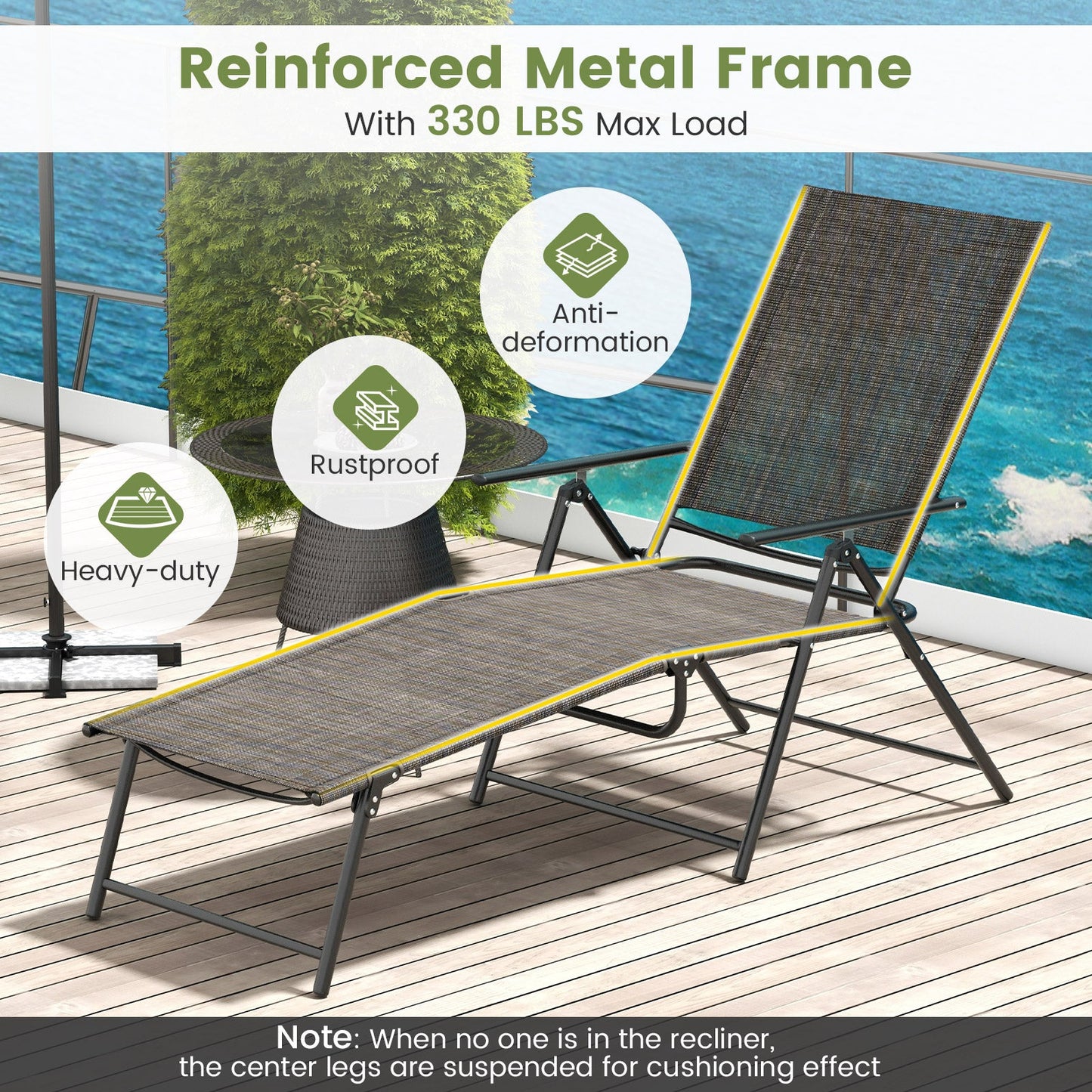 Sillones plegables de patio de 2 piezas, reclinables con respaldo de 6 niveles - Café