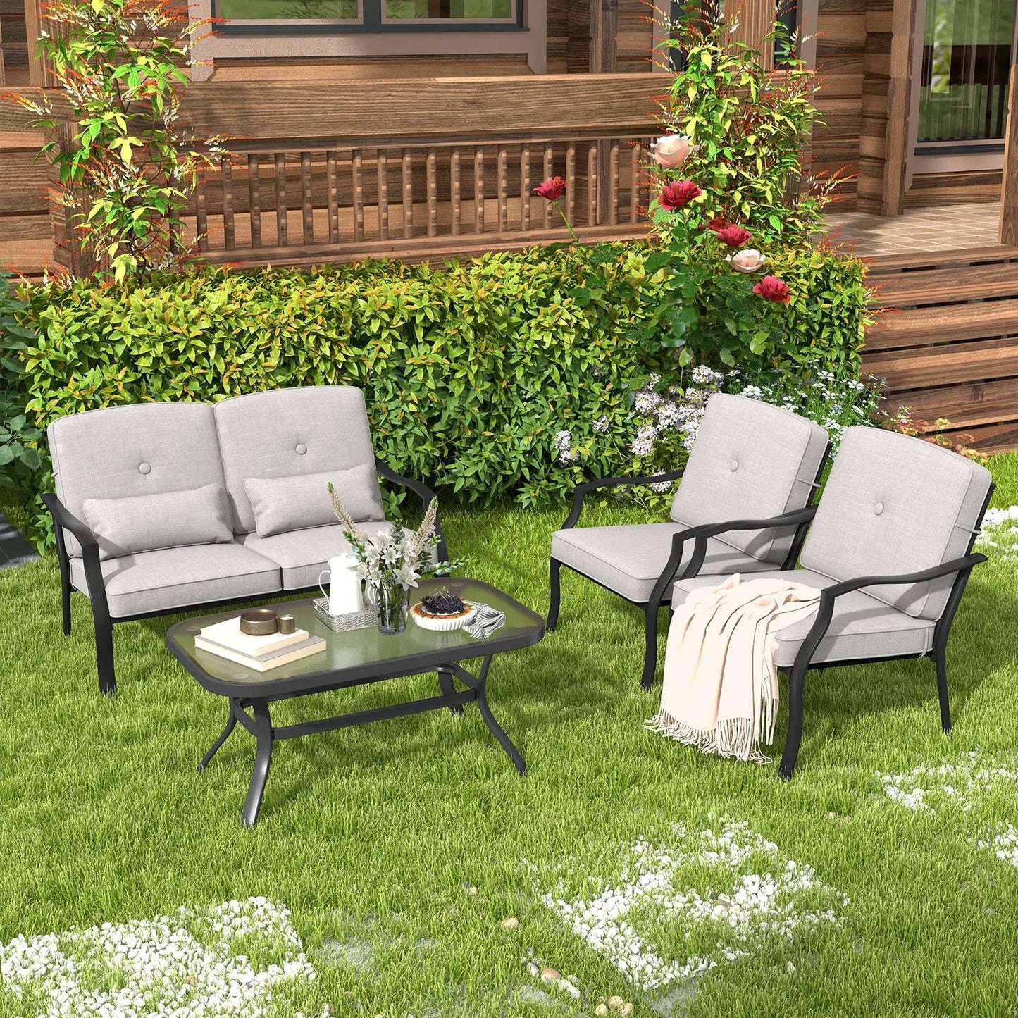2 Piece Patio Metal Chairs with Cushions