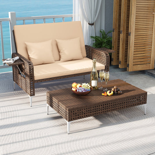 2 Piece Patio Rattan Daybed Wicker Loveseat and Ottoman with Adjustable Backrest - Tampa Home & Garden Store