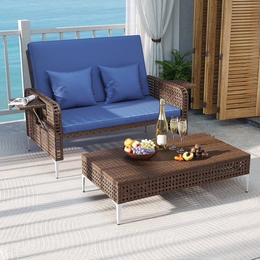 2 Piece Patio Rattan Daybed Wicker Loveseat and Ottoman with Adjustable Backrest - Tampa Home & Garden Store