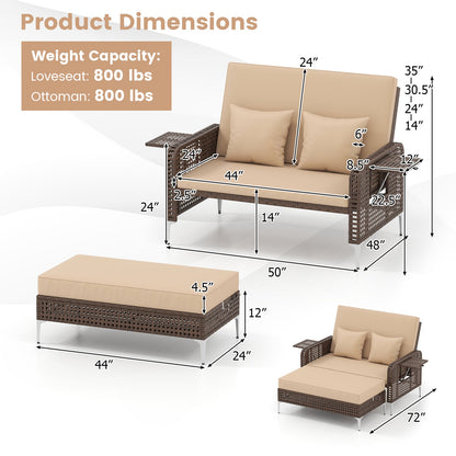 2 Piece Patio Rattan Daybed Wicker Loveseat and Ottoman with Adjustable Backrest