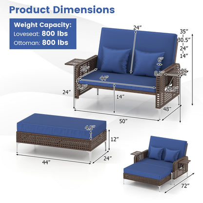 2 Piece Patio Rattan Daybed Wicker Loveseat and Ottoman with Adjustable Backrest