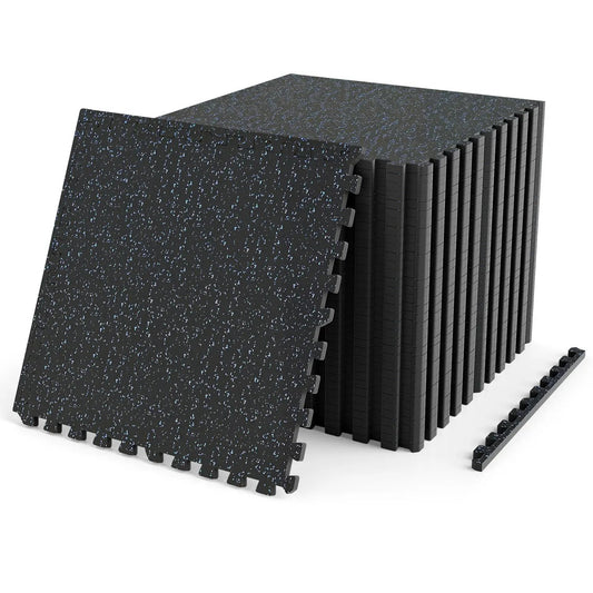 Interlocking rubber gym floor mats 96 sq ft with borders black speckled blue flecks DirectDeals on Tampa Home & Garden Store