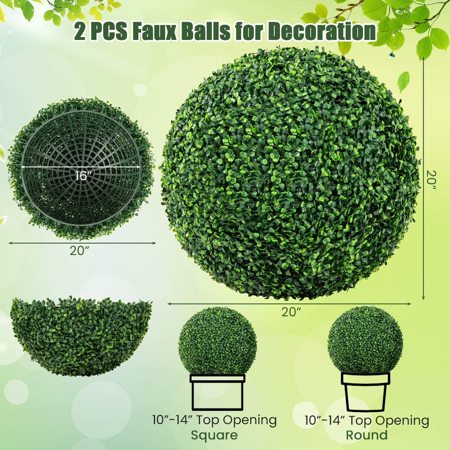 2 Piezas de 16"/20" Bola Topiaria de Boj Artificial para Patio, Jardín, Puerta Principal, Balcón, Patio Trasero-M