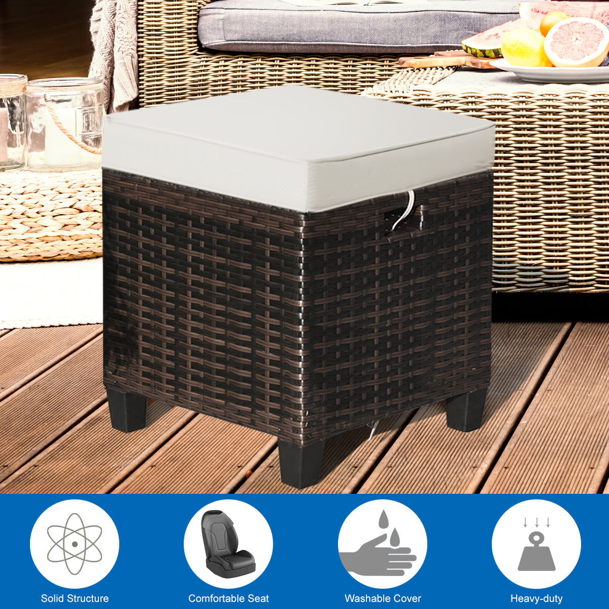 Juego de otomana de ratán para patio de 2 piezas con cojines extraíbles - Beige