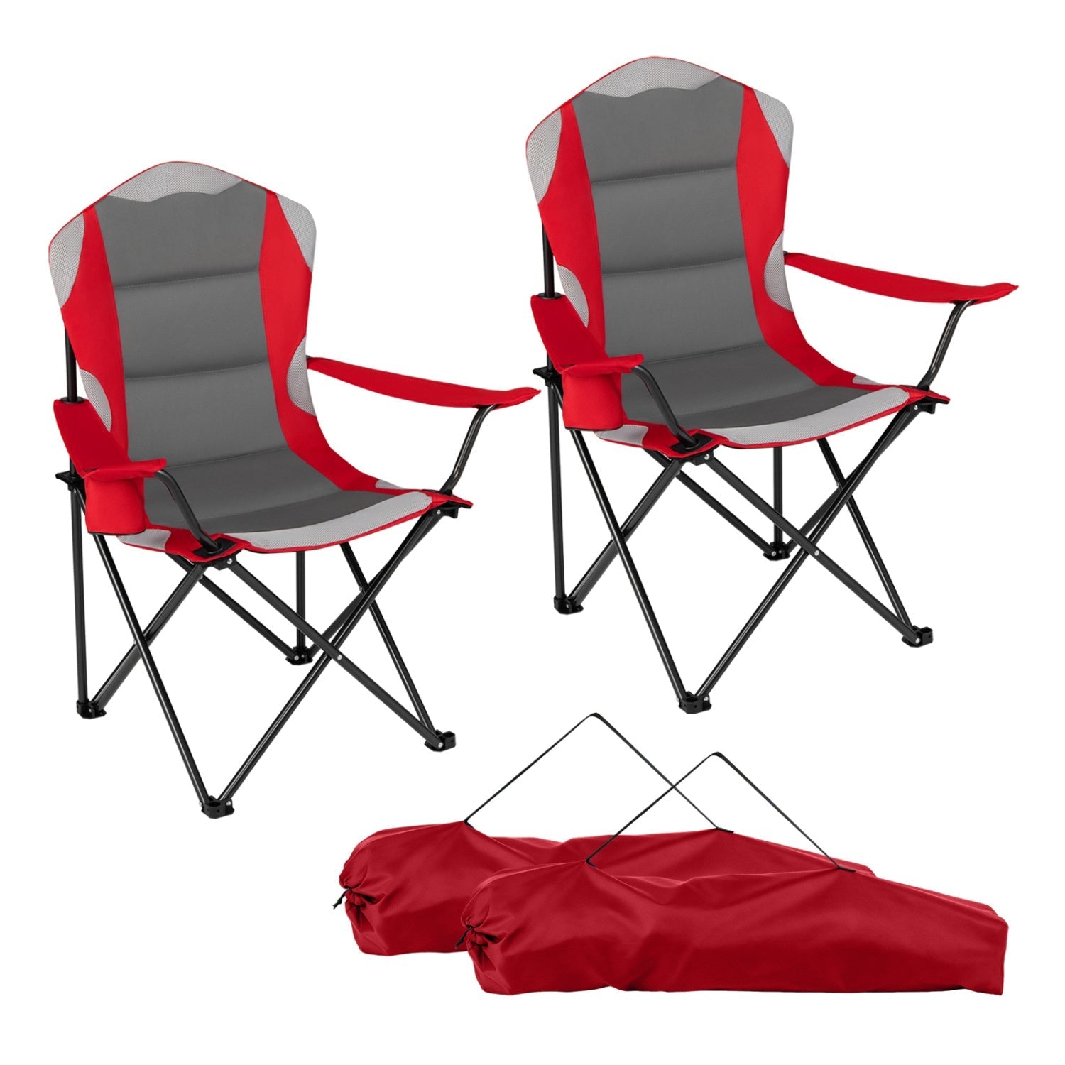 GemGear folding camping chairs 2-pack in red and grey with cup holders and carry bags on Tampa Home & Garden Store
