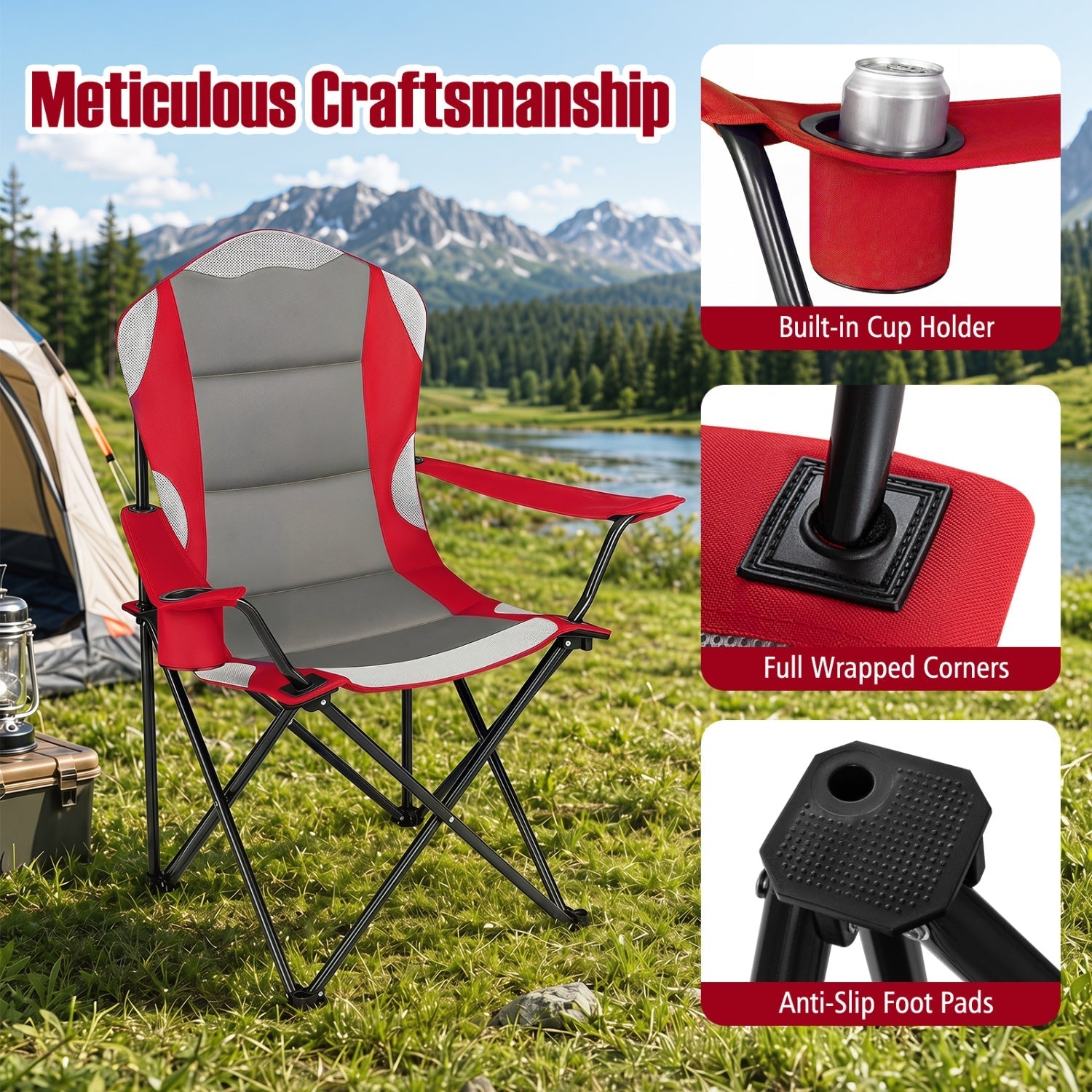 GemGear folding camping chairs for adults, red and gray, 2-pack with built-in cup holders on Tampa Home & Garden Store