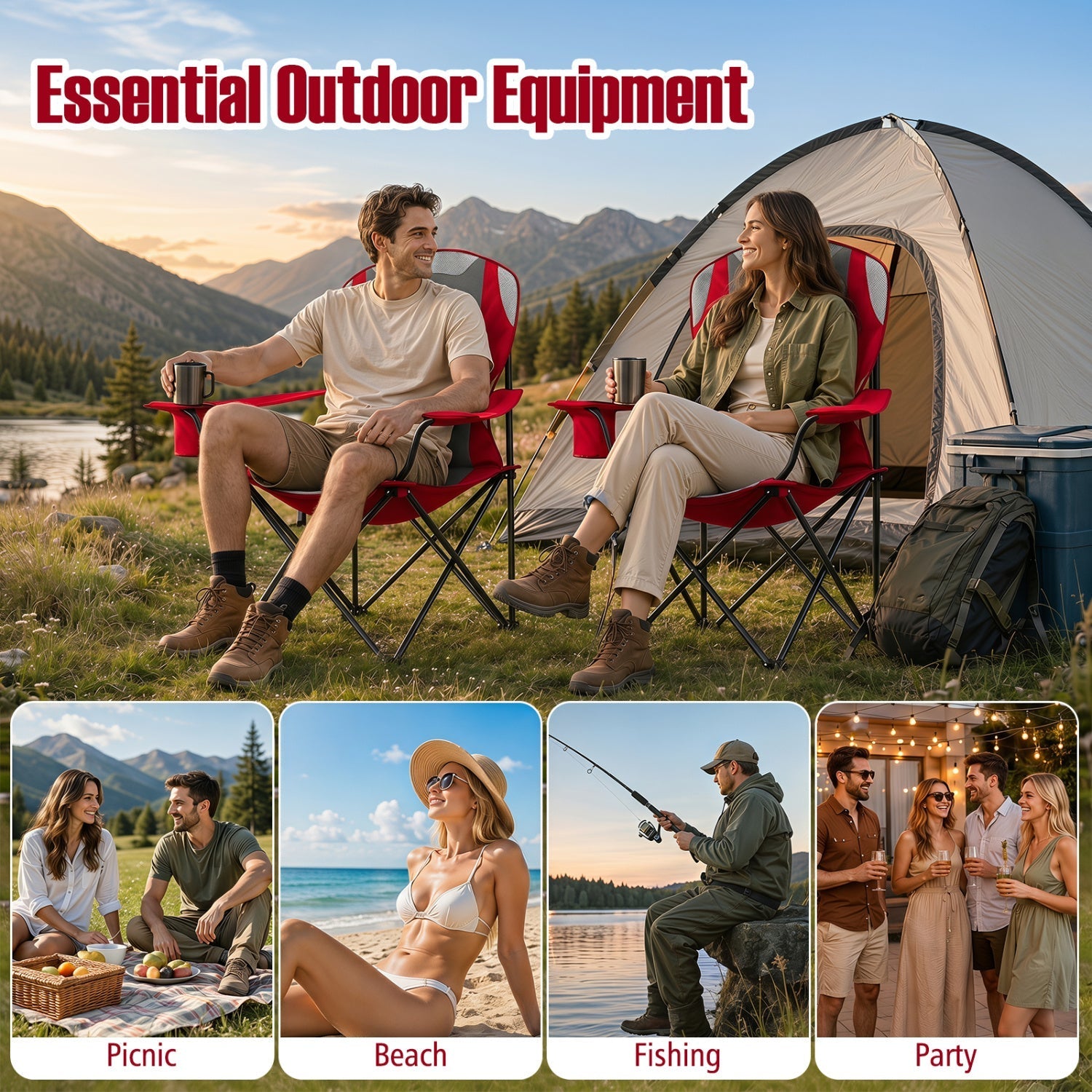 GemGear folding camping chairs for adults with cup holders, red frames, 2-pack at a mountain campsite on Tampa Home & Garden Store