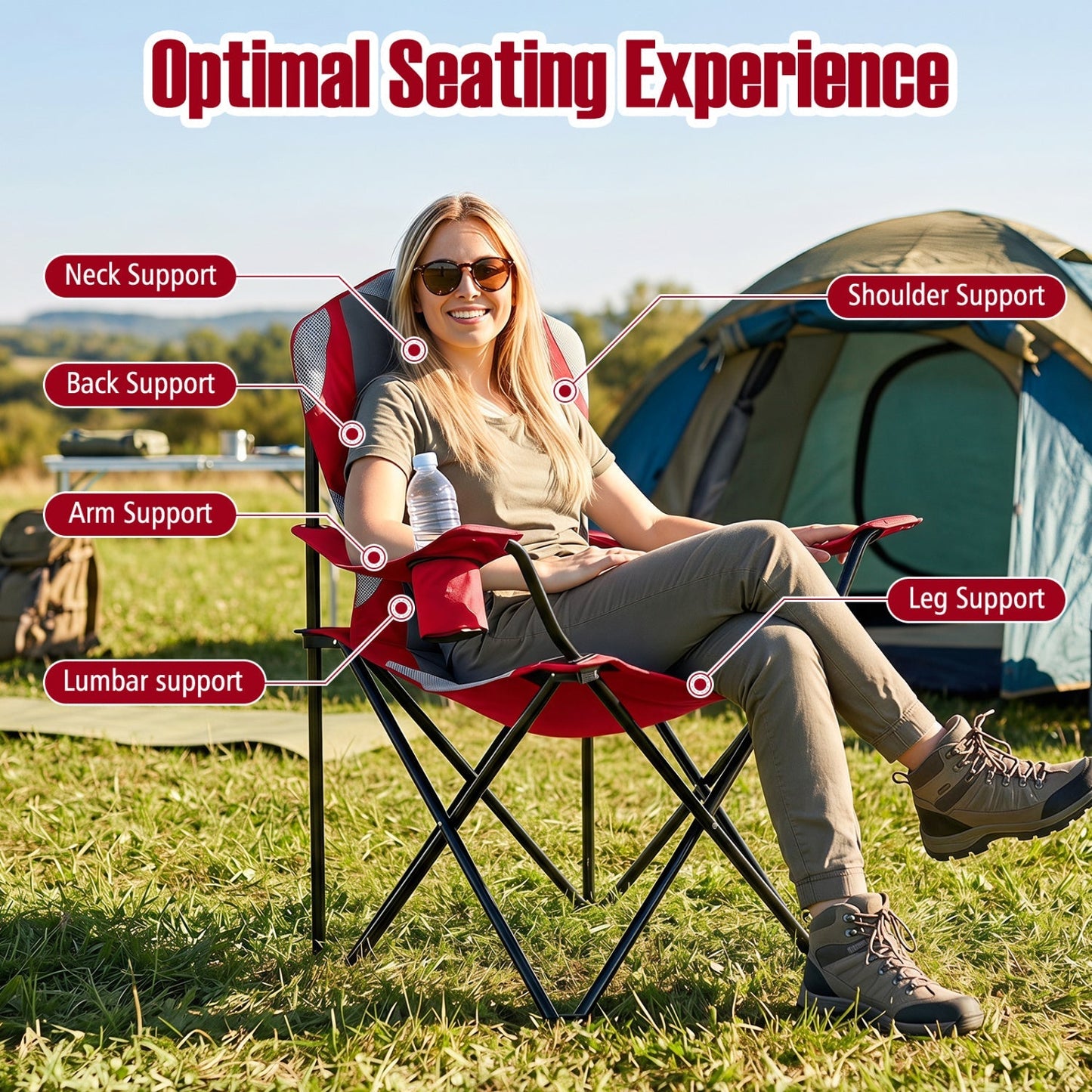 GemGear folding camping chair with cup holder, red, outdoors near a tent on Tampa Home & Garden Store