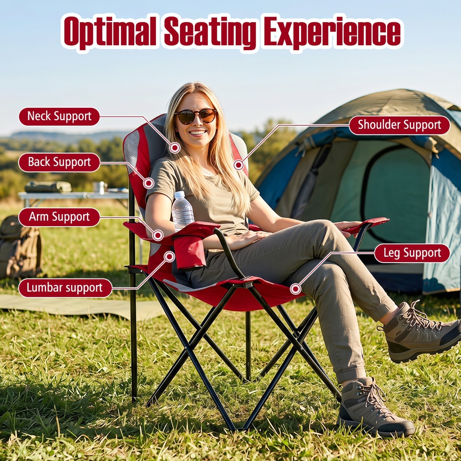 GemGear folding camping chair with cup holder, red, outdoors near a tent on Tampa Home & Garden Store