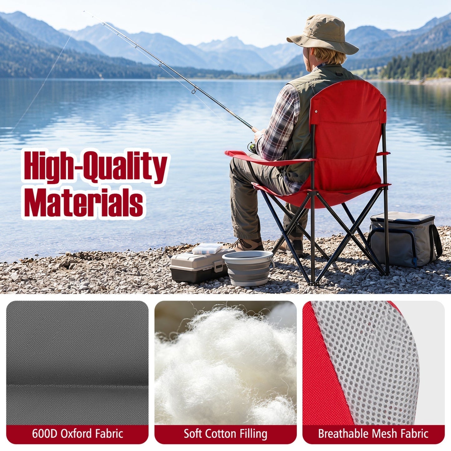 GemGear folding camping chair for adults, red fabric with cup holders, black frame by lake on Tampa Home & Garden Store