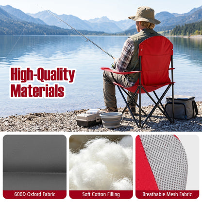 GemGear folding camping chair for adults, red fabric with cup holders, black frame by lake on Tampa Home & Garden Store