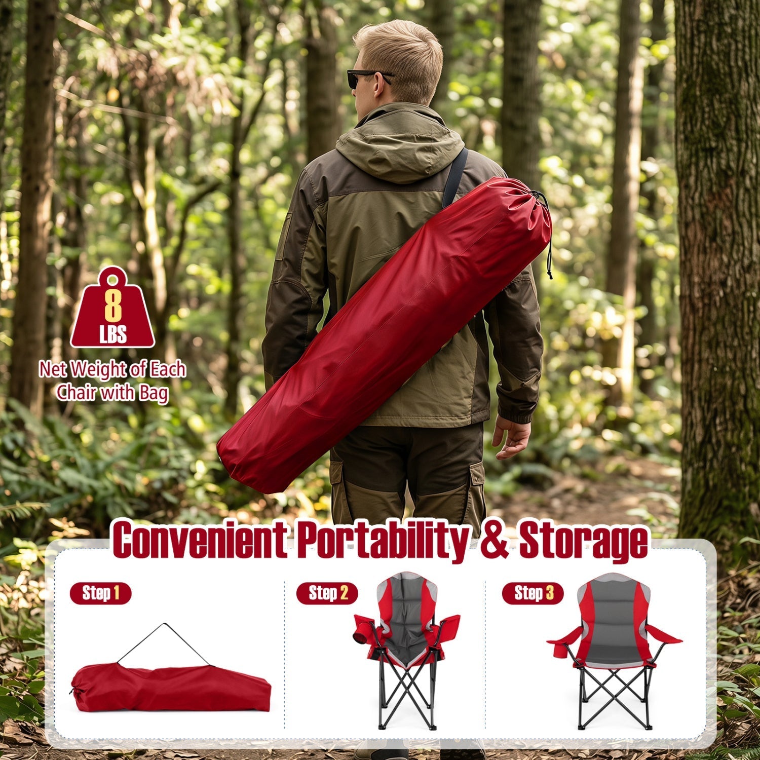 GemGear folding camping chairs for adults with cup holders (2-pack) in red carrying bag on Tampa Home & Garden Store