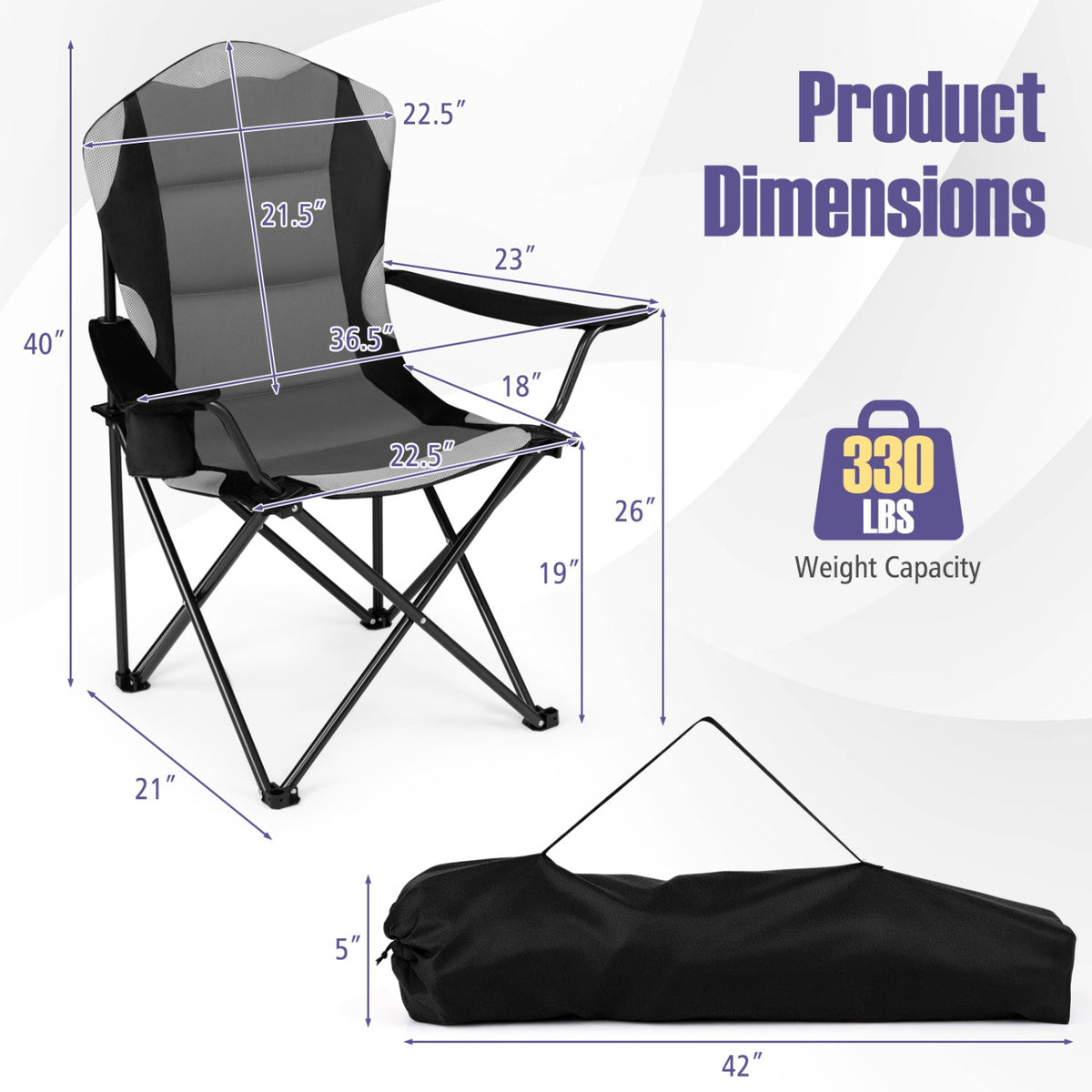GemGear folding camping chairs with cup holders, black and gray, 2-pack with carry bag on Tampa Home & Garden Store