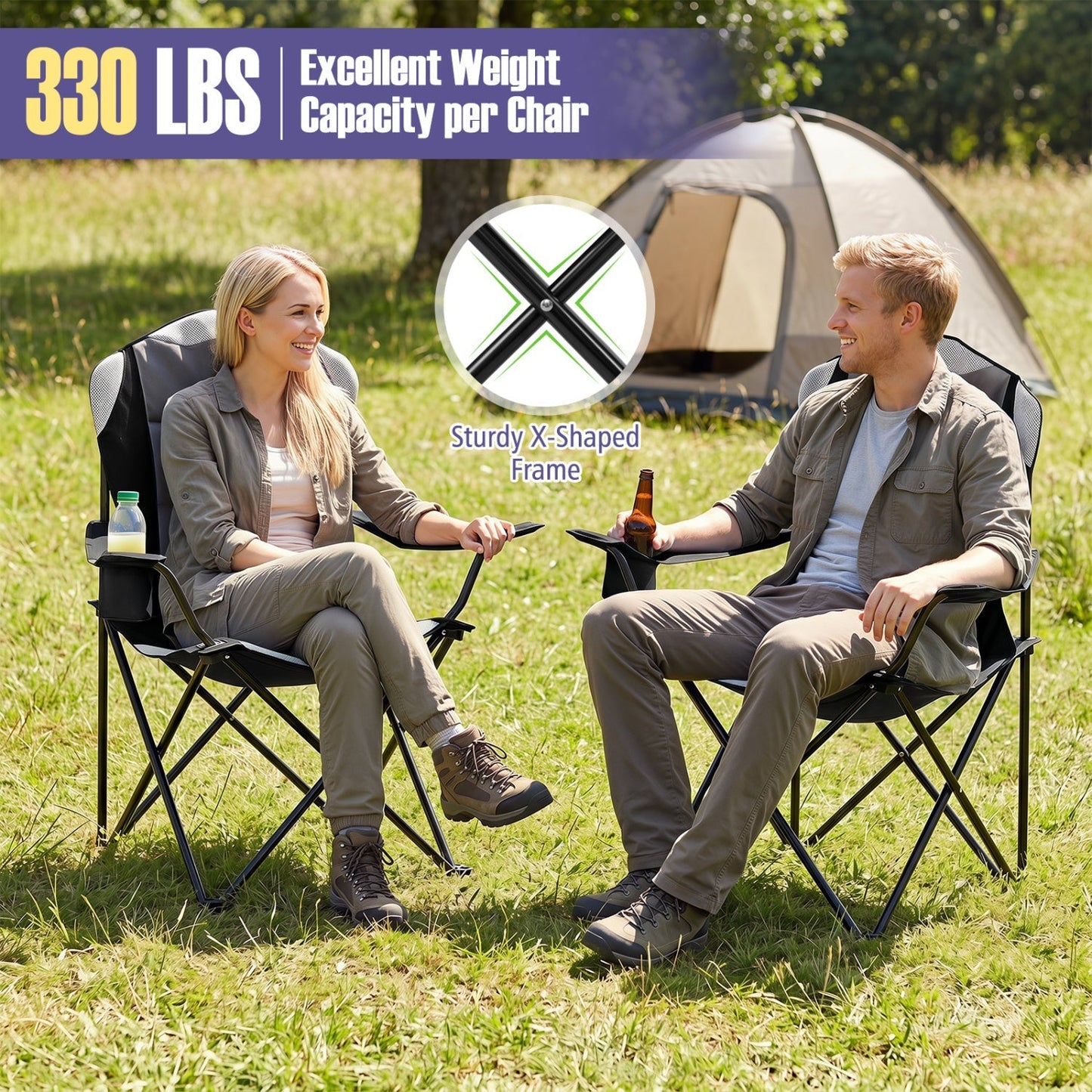 Folding camping chairs for adults with cup holders by GemGear, black frames, 2-pack on Tampa Home & Garden Store