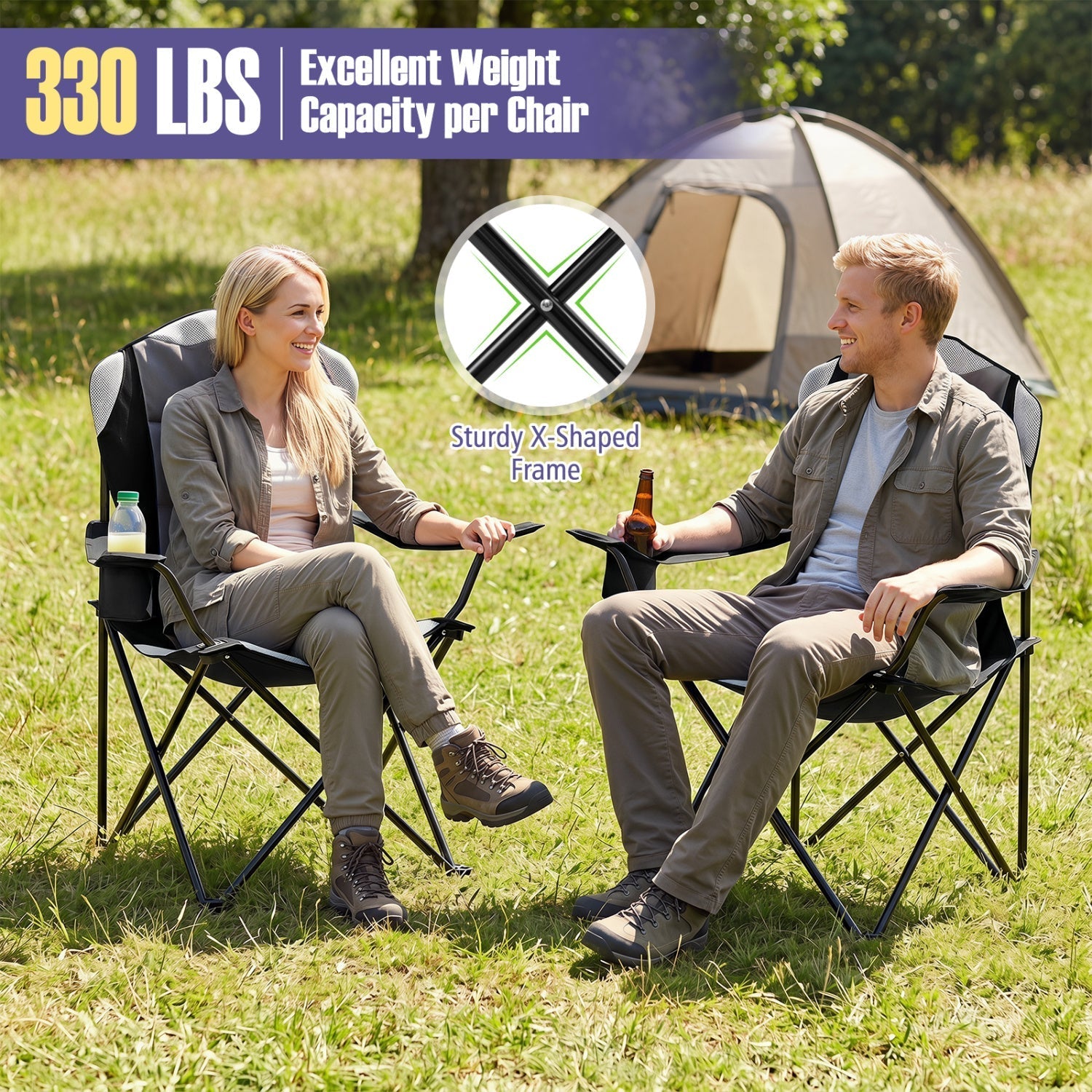 Folding camping chairs for adults with cup holders by GemGear, black frames, 2-pack on Tampa Home & Garden Store