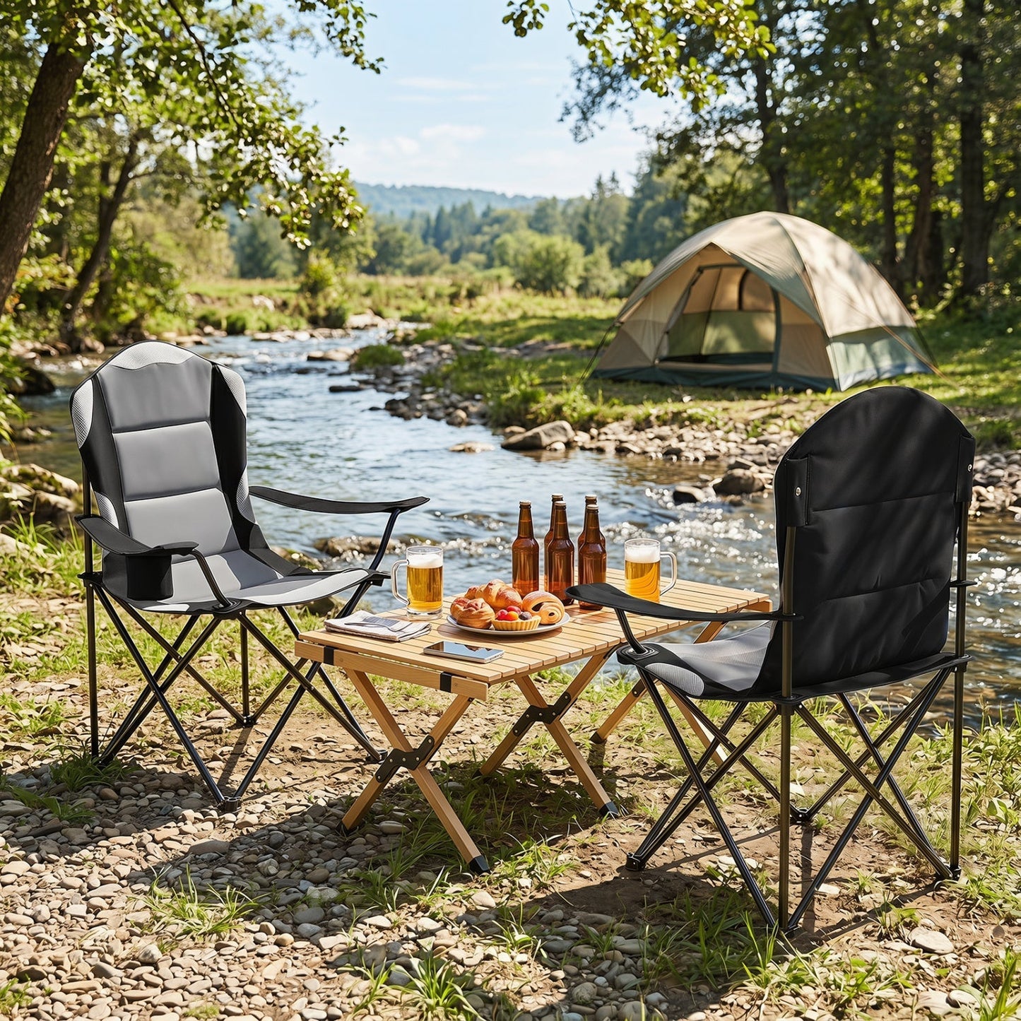 GemGear folding camping chairs with cup holders, 2-pack, gray/black, by river campsite on Tampa Home & Garden Store