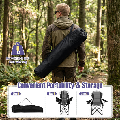 Folding camping chair in a black carry bag slung over shoulder on a wooded trail on Tampa Home & Garden Store