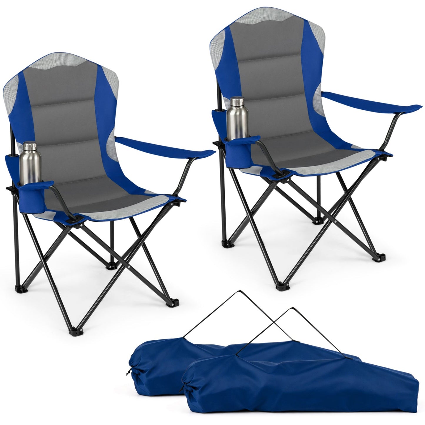 Folding camping chairs for adults by GemGear, blue and gray with cup holders, 2-pack on Tampa Home & Garden Store