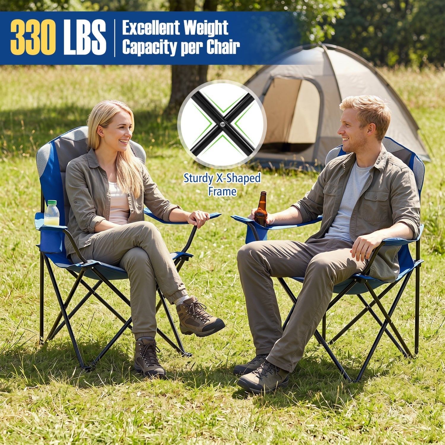 GemGear folding camping chairs for adults with cup holders, blue, X-shaped frame, 2-pack on Tampa Home & Garden Store