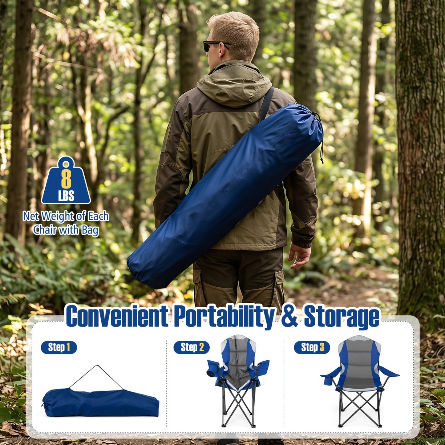 GemGear folding camping chairs for adults with cup holders, blue carry bag, 2-pack on Tampa Home & Garden Store