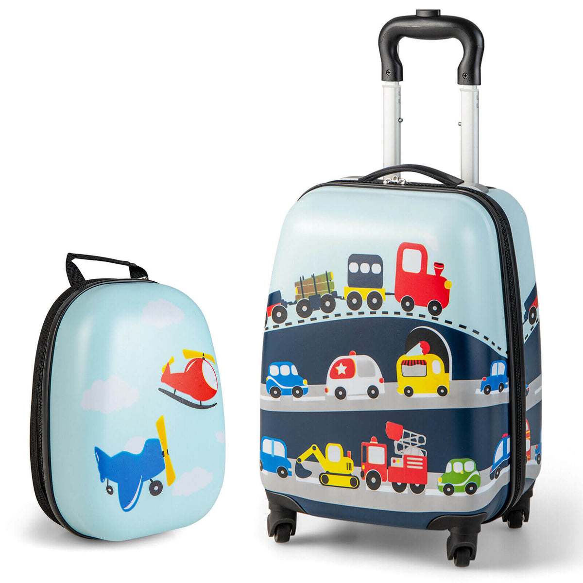 2-piece GemGear kids carry-on luggage set with 12in backpack, light blue vehicle print on Tampa Home & Garden Store