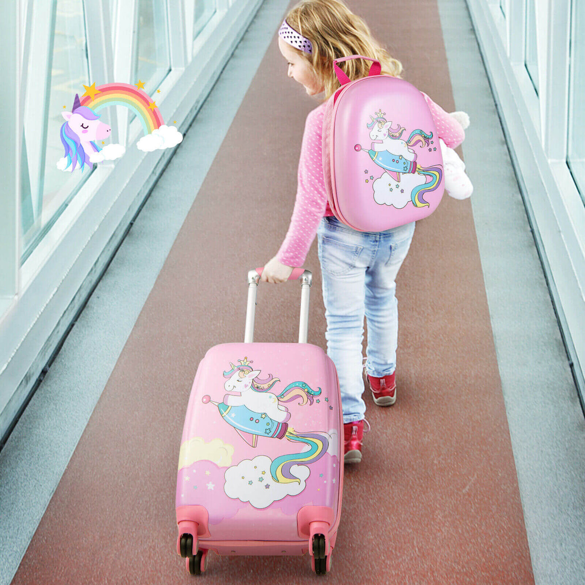 GemGear 2-piece kids luggage set: 18in pink suitcases with unicorn and rainbow; 12in backpack on Tampa Home & Garden Store