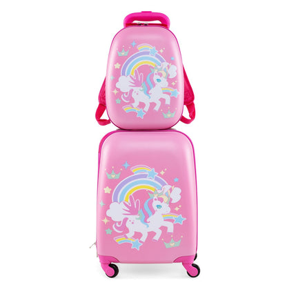 2-Piece Kids Carry-On Luggage Set with 12-Inch Backpack in pink with unicorn rainbow print on Tampa Home & Garden Store