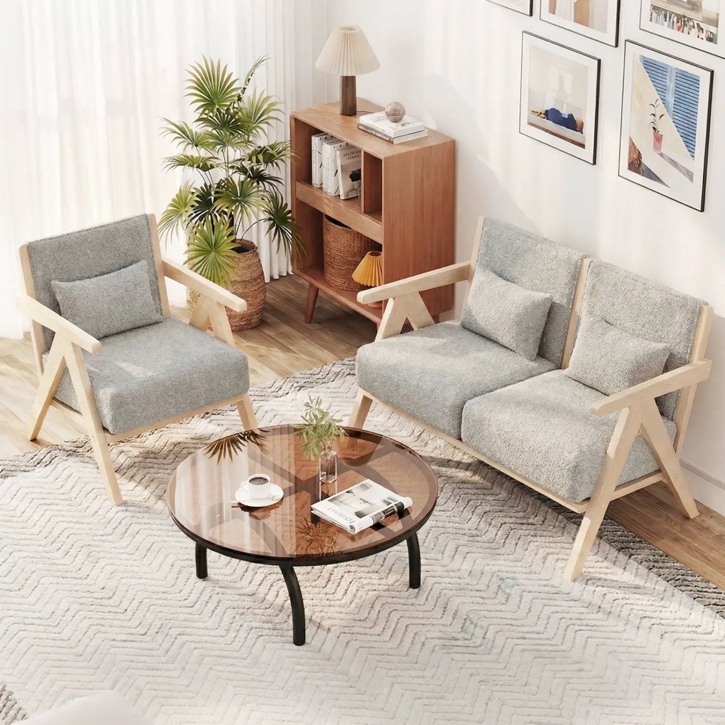 2 Pieces Living Room Furniture Set with Rubber Wood Frame