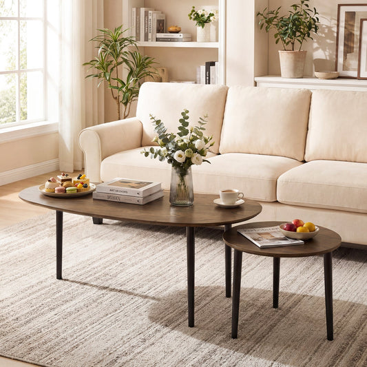 2 Pieces Mid Century Nesting Tables with Rubber Wood Legs-Walnut - Tampa Home & Garden Store