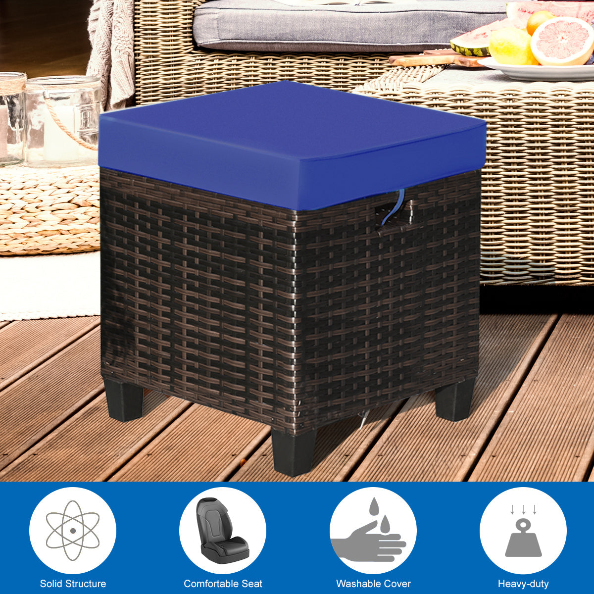Juego de otomana de ratán para patio de 2 piezas con cojines extraíbles - Beige